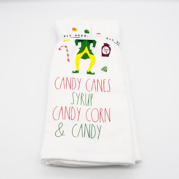 Rae Dunn Elf "CANDY CANES SYRUP CANDY CORN & CANDY" Kitchen Towel Set of 2 - Picture 4 of 5